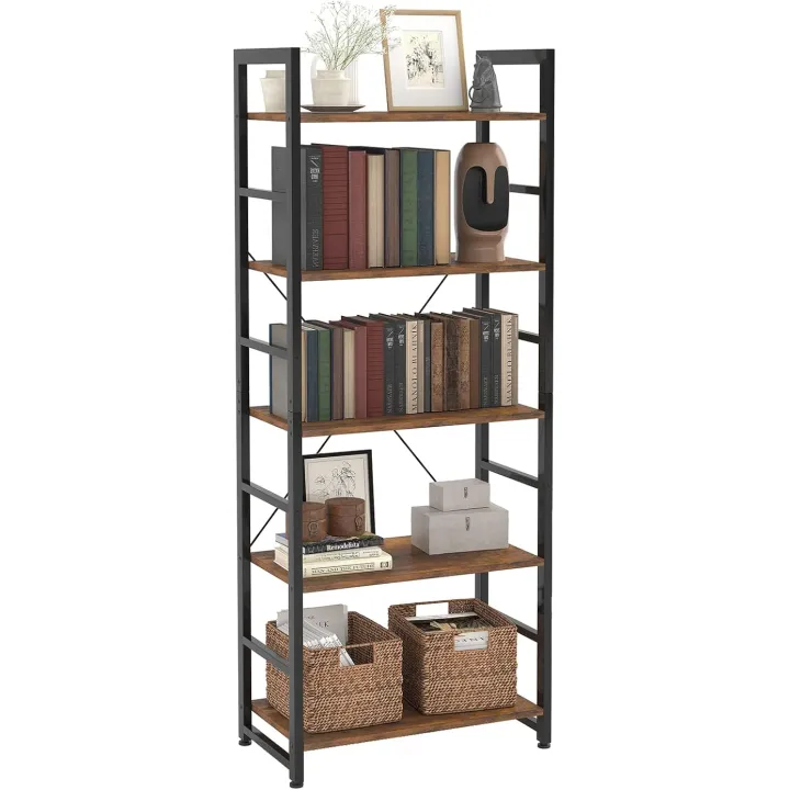 24" Bookshelf, 5-Tier Ladder Shelf, Industrial Bookcase, Wooden and Metal Storage Rack, Shelving Unit for Living Room Entryway Office, Rustic Brown Book Shelves
