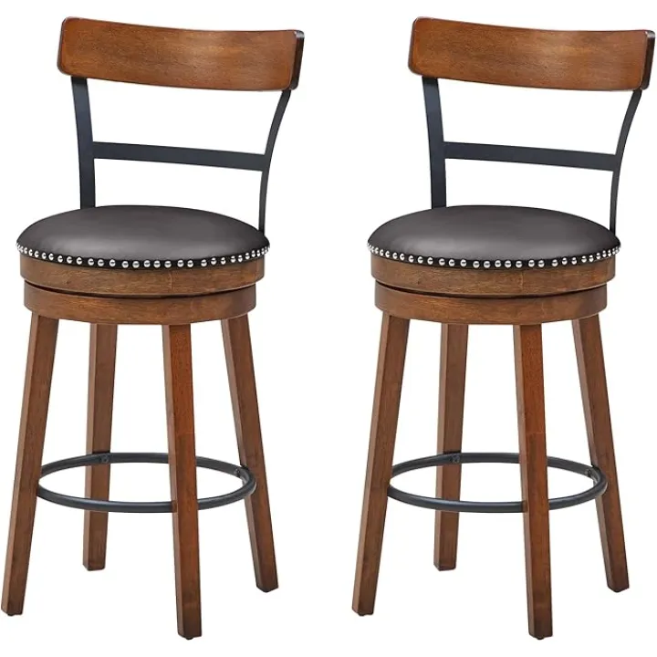 Giantex Bar Stools Set of 2-25.5" Counter Height Swivel Rubber Wood Barstools with Soft Padded Seat Cushions, Footrests, Easy Assembly Armless Farmhouse Kitchen Island Bar Chairs with Back, Brown