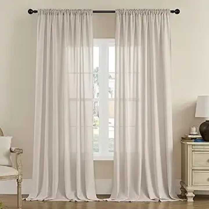 Natural Linen Curtains 84 Inches Long for Living Room 2 Panels Set Rod Pocket Neutral Boho Farmhouse Privacy Light Filtering Semi Sheer Curtains for Bedroom Dining Flax Linen Drapes 84 Inch Length
