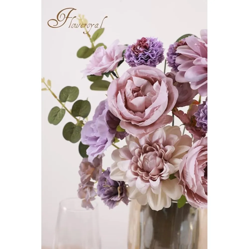 Floweroyal Artificial Flowers Combo Purple Flowers Mix Silk Flowers Dahlia Roses with Stems for DIY Wedding Bridal Bouquets, Baby Shower, Floral Arrangement, Table Centerpieces, Home Decorations.