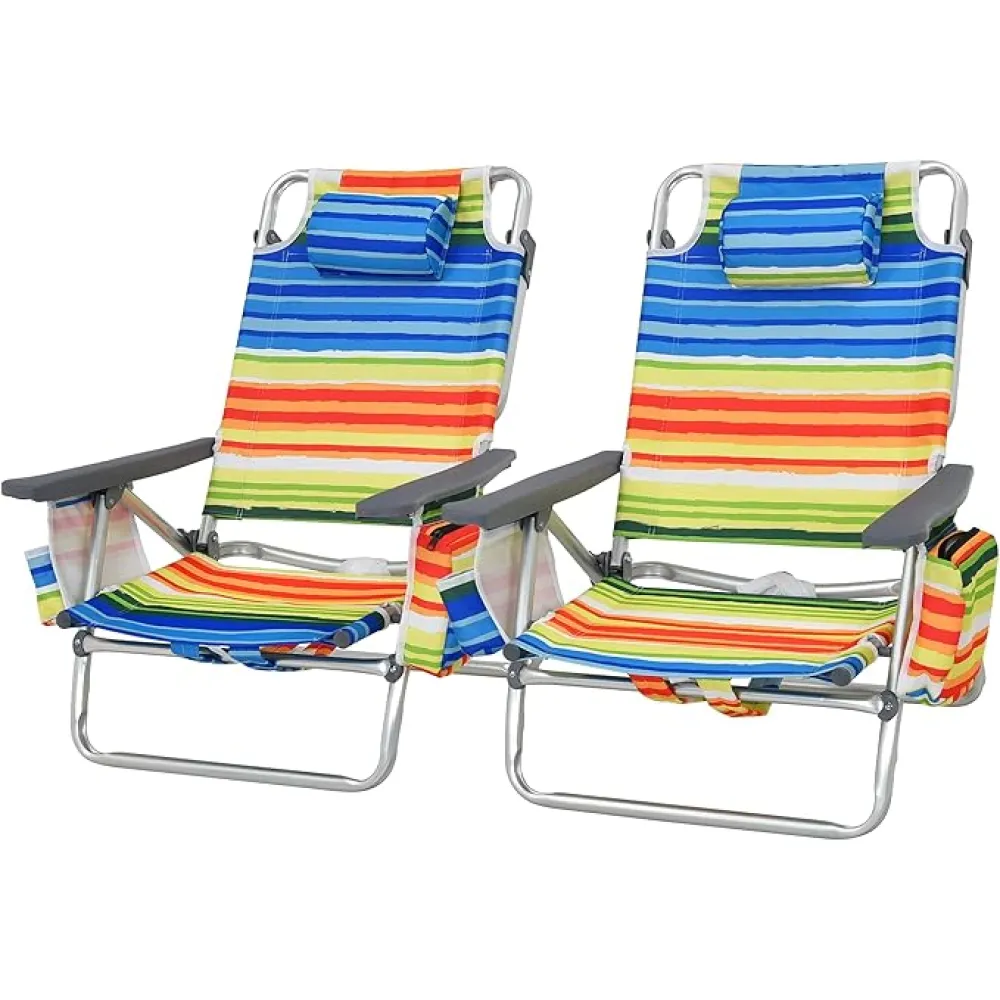 Tangkula Set of 2 Backpack Beach Chair, 5-Position Lay Flat Beach Chairs with Cooler Bag, 2 Cup Holders, Towel Bar, Lightweight Folding Beach Chair with Backpack Straps, Yellow