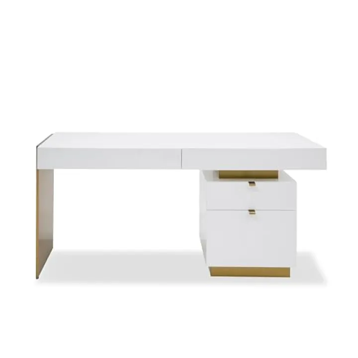 Limari Home Trajory Collection Modern Home Office Gloss Finished Desk with 4 Soft Closing Drawers, White, Gold