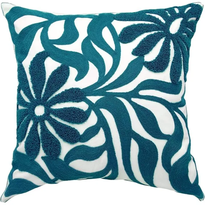 Alysheer Farmhouse Floral Leaves Embroidered Decorative Throw Pillow Cover 18x18 inches, Boho Tufted Flowers Embroidery Pattern Chic Cotton Cushion Case for Couch Bed Sofa Living Room(Teal Blue)