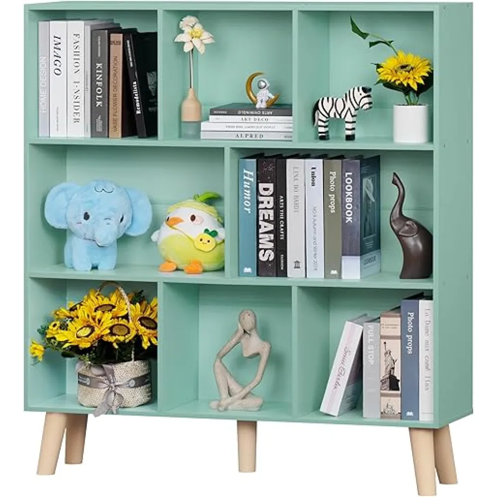 LEYAOYAO 8 Cube Bookshelf 3-Tier Bookcase with Legs, Mint-Green Kids Book Shelf Cute Storage Organizer, Large Open Toy Shelves Modern Bookshelves,Display Bookcases for Bedroom,Living Room,Nursery