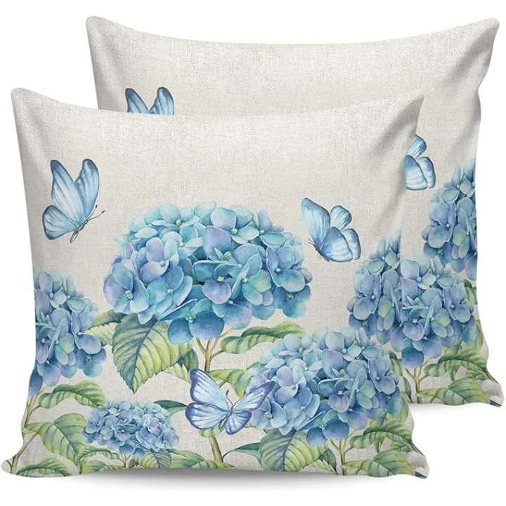 Farm Outdoor Throw Pillow Cover Blue Hydrangea Flower Butterfly Waterproof Cushion Covers 2 Pack Watercolor Floral Vintage Linen Pillow Cases Home Decoration for Patio Garden Couch Sofa 18x18In