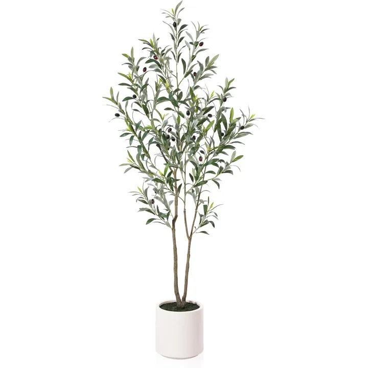 LOMANTO Artificial Olive Trees, 5 ft Tall Fake Olive Trees for Indoor, Faux Olive Silk Tree, Large Olive Plants with White Planter for Home Decor and Housewarming Gift, 1 Pack