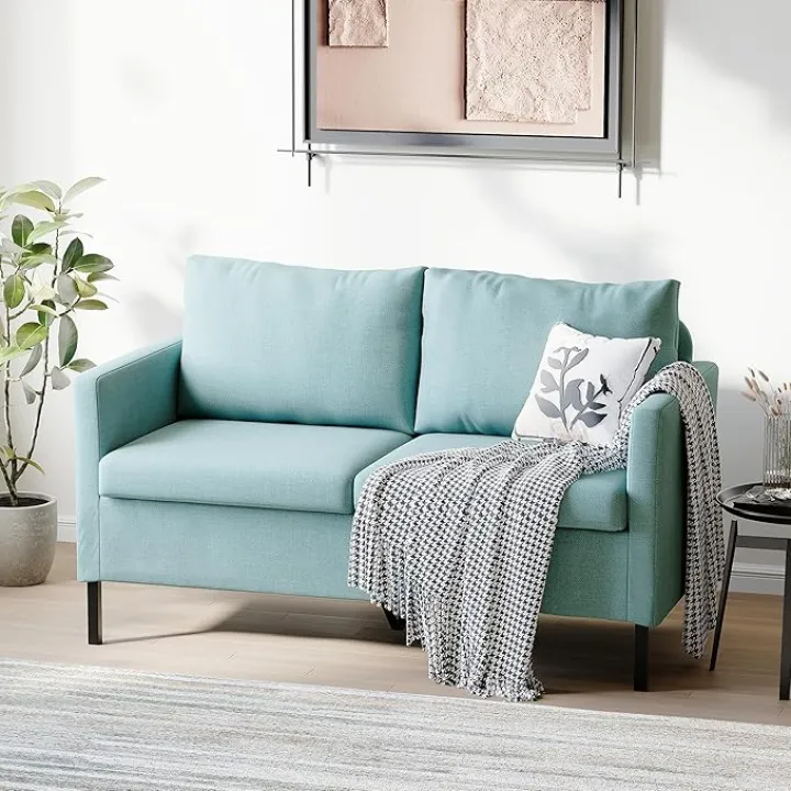 TYBOATLE 51" W Linen Fabric Upholstered Modern Loveseat Sofa Couch for Living Room, Love Seats 2-Seater Furniture w/Iron Legs for Compact Space, Apartment, Bedroom, Dorm, Office, Aqua Blue