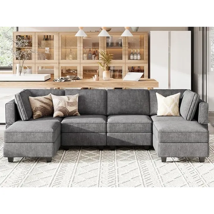 Belffin U Shaped Sofa Modular Couch Reversible Storage Ottoman 6 Seater Sofa Large Couches U Shape Couch Dark Grey