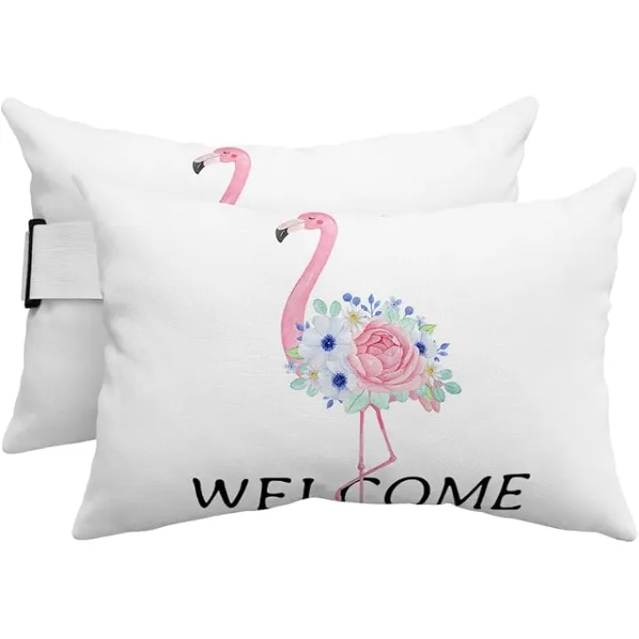 Pack of 4 Summer Pink Flamingo Animal Lumbar Pillow Covers, Outdoor Waterproof Throw Pillow Covers Set, Welcome White Spring Floral Decorative Cushion Case for Patio Beach, 12x20 Inch