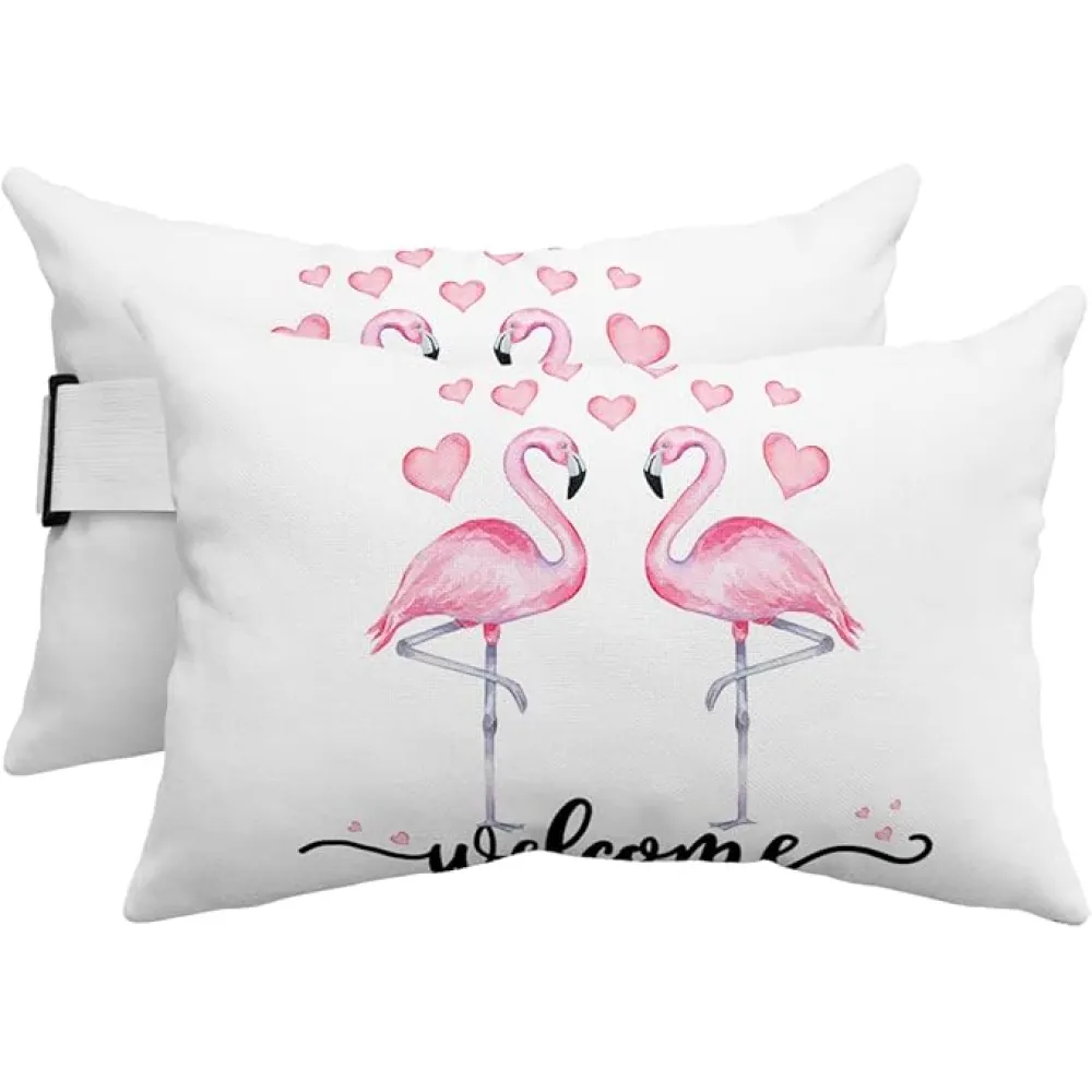 Pack of 2 Summer Pink Flamingo Love Valentine Lumbar Pillow Covers, Outdoor Waterproof Throw Pillow Covers Set, Welcome Animal Love Decorative Cushion Case for Patio Beach, 12x20 Inch