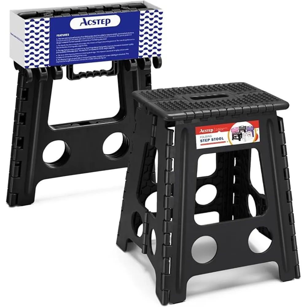 ACSTEP 16 Inch Folding Step Stool for Adults and Kids, Non-Slip Plastic Foldable Stepping Stool, Collapsible Folding Stool with Handle Holds Up to 400lbs for Kitchen, Dot Black (1 Pack)