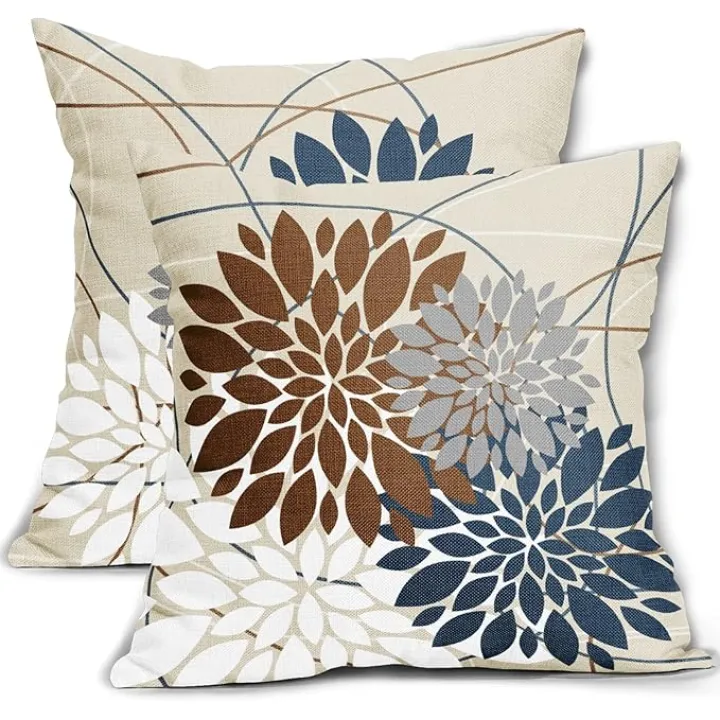 Brown Dark Blue Pillow Covers 18x18 Dahlia Flower White Gray Elegant Colored Throw Pillows Farmhouse Outdoor Decor for Home Living Room Sofa Bed Modern Floral Linen Square Cushion Case, Set of 2