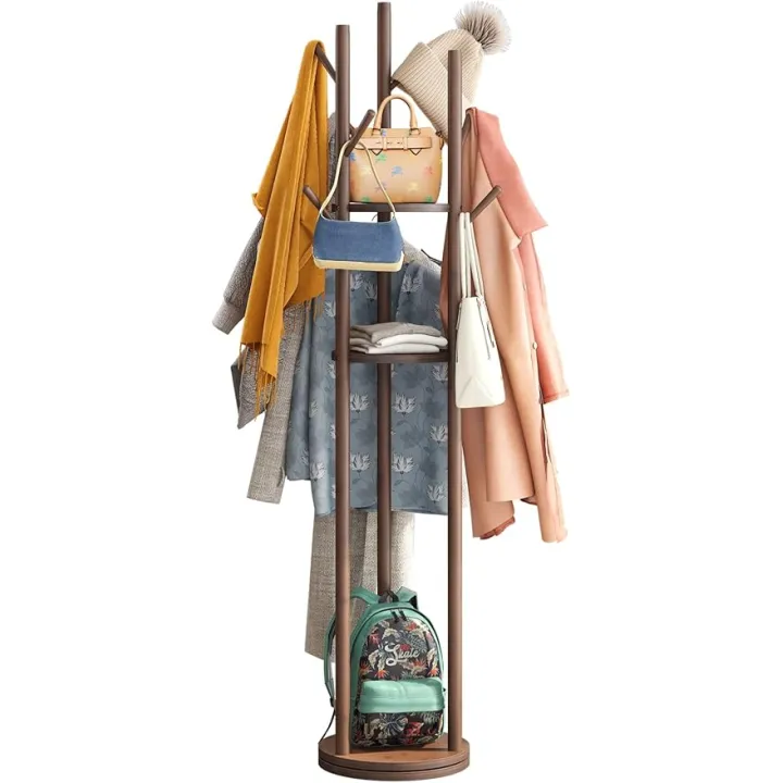 Freestanding Coat Rack Stand with 8 Hooks, Bamboo Wood Coat Tree for Clothes/Bags/Hats, Sturdy for Home/Office/Entryway/Hallway