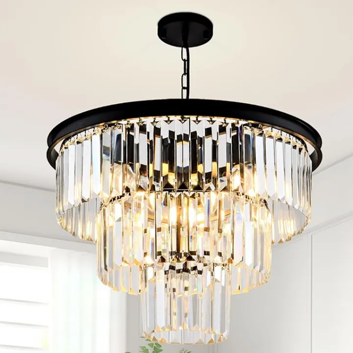 8 Light Modern Crystal Chandelier 20'' Black Chandeliers for Dining Room Contemporary Pendant Light Fixture Round 3-Tier Adjustable Height E12 for Living Room, Foyer, Entryway, Bedroom