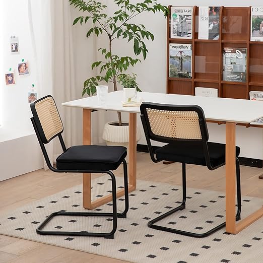 MFFM Rattan Dining Chairs Set of 2, Black Velvet Dining Room Chair with Solid Back and Painted Legs, Modern Mid Century Designed Chairs for Dining,Living Room,Kitchen Chairs (Black-2pcs)