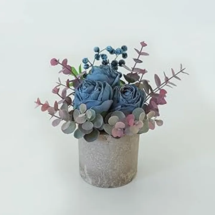 Artificial Flowers Kit with Pot, Combination of Fake Silk Burnt Blue Roses and Greenery,Small Plant Potted Decor for Offices,Bookshelf,Bedroom, Living Room,Party,Wedding Decorations…