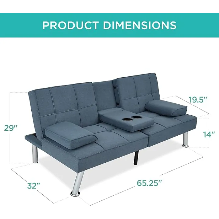 Best Choice Products Linen Modern Folding Futon, Reclining Sofa Bed for Apartment, Dorm w/Removable Armrests, 2 Cupholders - Blue