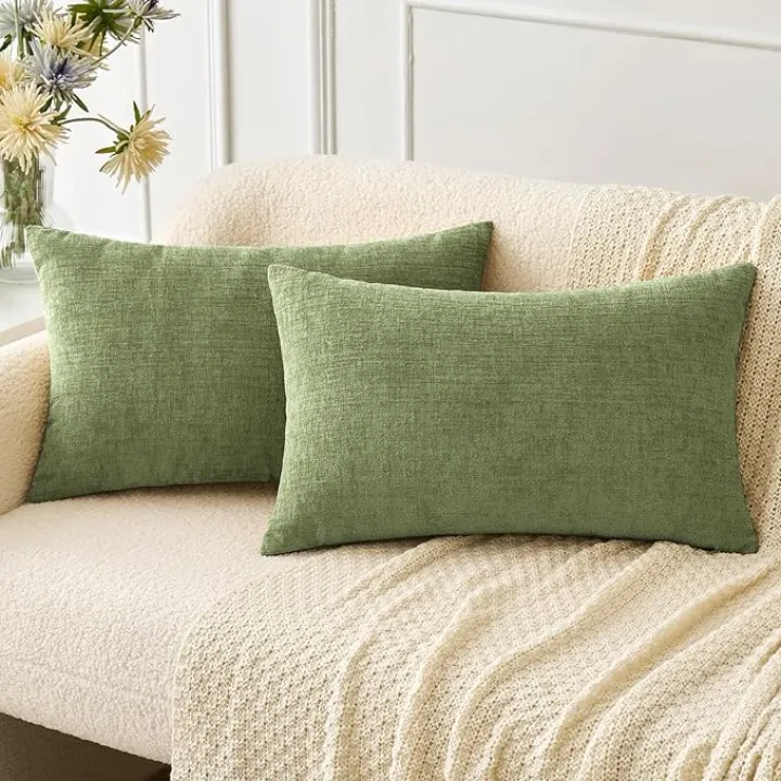 MIULEE Pack of 2 Couch Throw Pillow Covers 12x20 Inch Spring Soft Sage Green Chenille Pillow Covers for Sofa Living Room Solid Dyed Pillow Cases