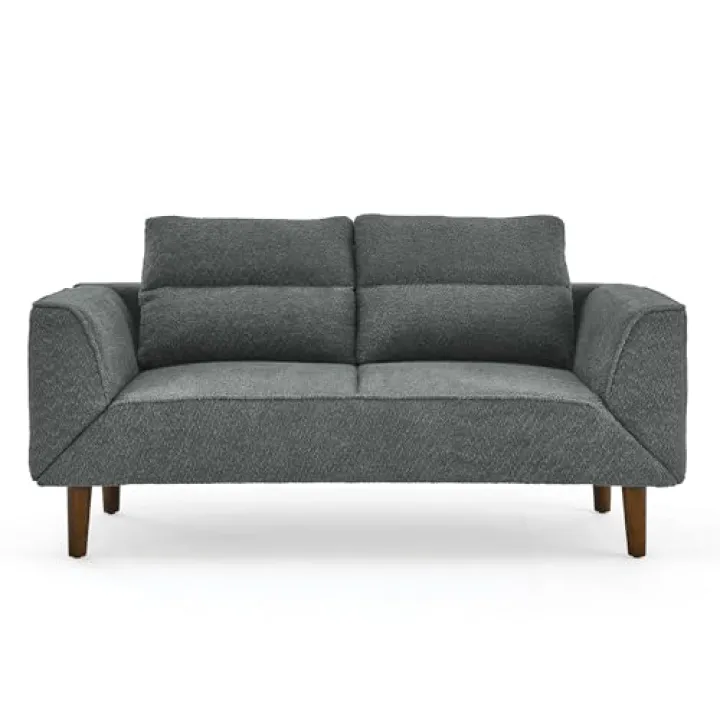 GIA Convertible Futon Sofa Bed, Comfy Loveseat Sleeper with Adjustable Armrests, Thick Padded Cushion & Strengthened Wood Frame, Small 2-Seater Couch for Living Room & Bedroom, Grey