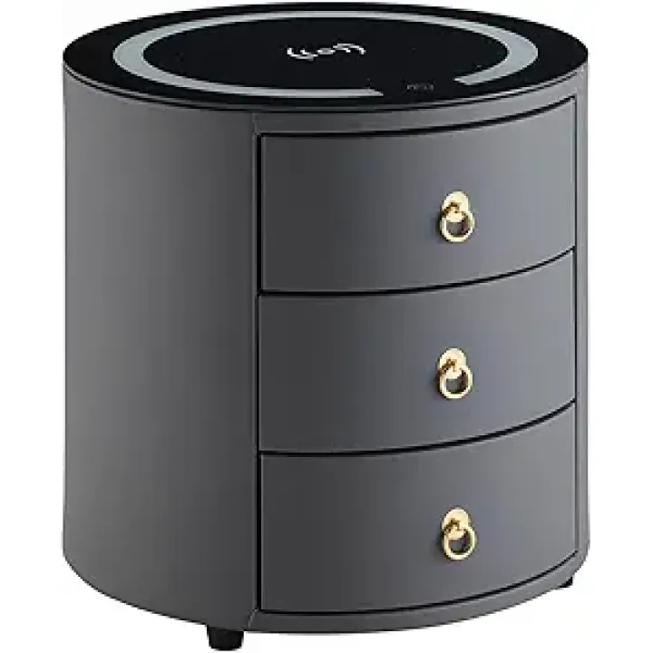 TUKAILAi Smart Nightstand with Wireless Charging Station & LED Lights, Modern Round Bedside Table with 3 Drawers, Faux Leather End Table Side Table for Bedroom, No Assembly Required (Dark Grey)