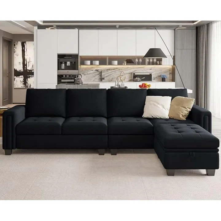 Belffin Velvet Reversible Sectional Sofa with Chaise Convertible L Shaped 4-seat Sectional Couch with Storage Ottoman Black