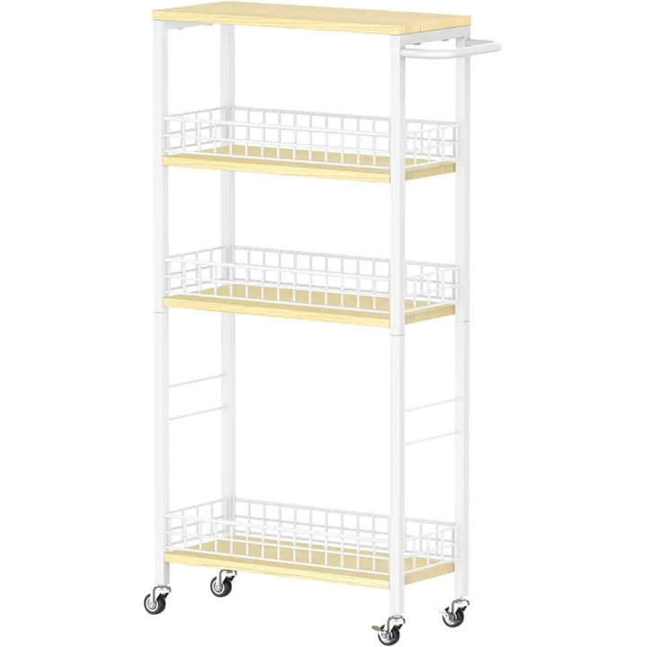 Slim Storage Cart White Narrow Storage Cabinet 4 Tier Laundry Room Organization Mobile Bathroom Shelving Unit Organizer Rolling Utility Cart Slide Out Kitchen Cart Tower Rack for Narrow Places 7.08’’W