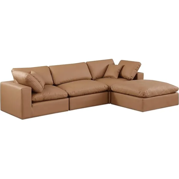 Meridian Furniture 188Cognac-Sec4A Comfy Collection Modern | Contemporary Upholstered Modular Sectional, Soft Cognac Vegan Leather, Fiber-Filled, 119" W x 79" D x 34.5" H, Cognac