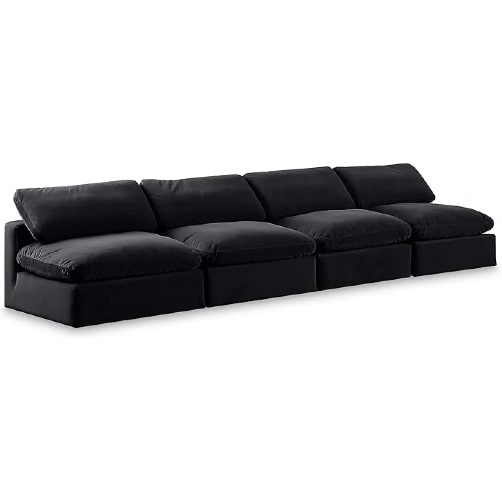 Meridian Furniture 189Black-S156 Comfy Collection Modern | Contemporary Upholstered Modular Sofa, Soft Black Velvet, Down Feather Cushions, 156" W x 40" D x 34.5" H, Black