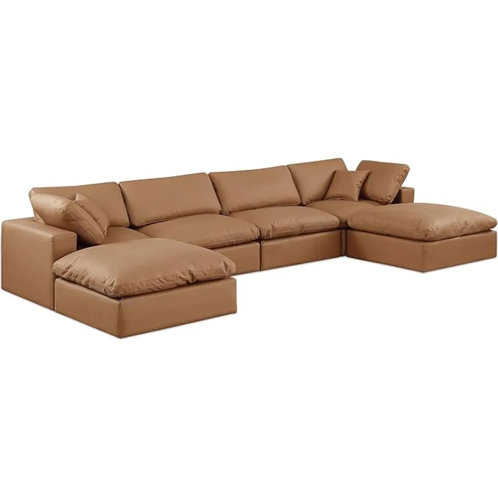 Meridian Furniture 188Cognac-Sec6B Comfy Collection Modern | Contemporary Upholstered Modular Sectional, Soft Cognac Vegan Leather, Fiber-Filled, 158" W x 79" D x 34.5" H, Cognac