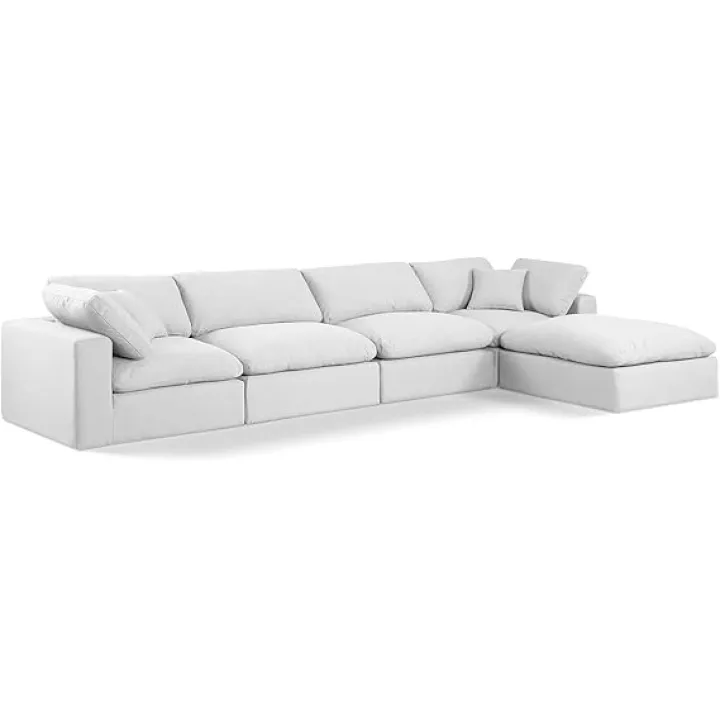 Meridian Furniture 187White-Sec5A Comfy Collection Modern | Contemporary Upholstered Modular Sectional, White Linen Textured Fabric Upholstery, Down Feather Cusions, 158" W x 79" D x 34.5" H, White