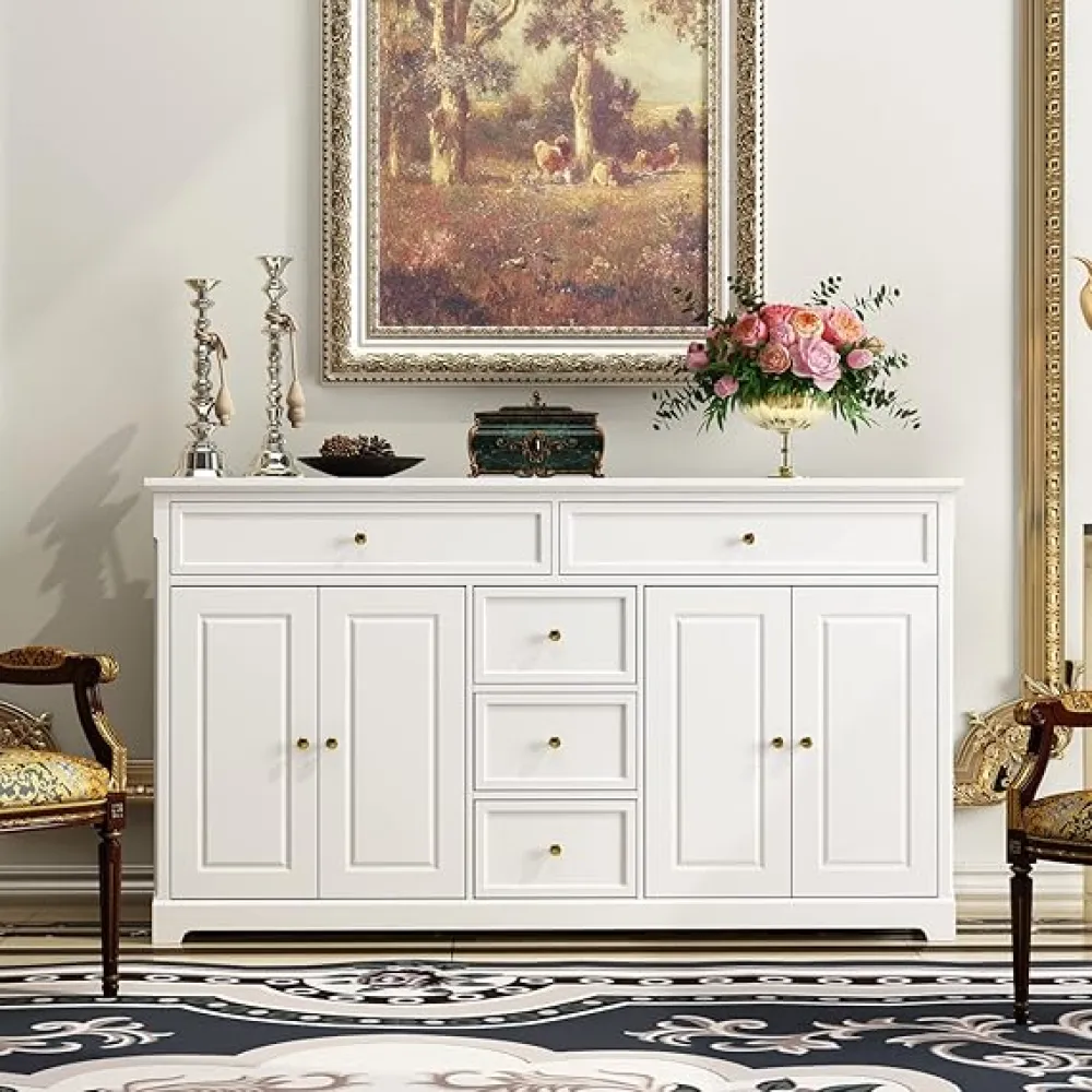 AIEGLE White Kitchen Sideboard Buffet Cabinet with 4 Doors & 5 Drawers, 59.1" W Large Storage Cabinet Console Table Entryway Cupboard, Wood Buffet Server Bar for Dining Living Room