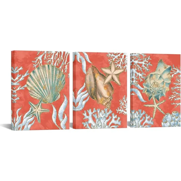 iKNOW FOTO Seashell Wall Art Set 3 Piece Orange Bathroom Canvas Prints, Ocean Themed Coral Coastal Decor, Nautical Beach Pictures, Stretched and Framed Artwork for Home, Bedroom Each12x16 Inches