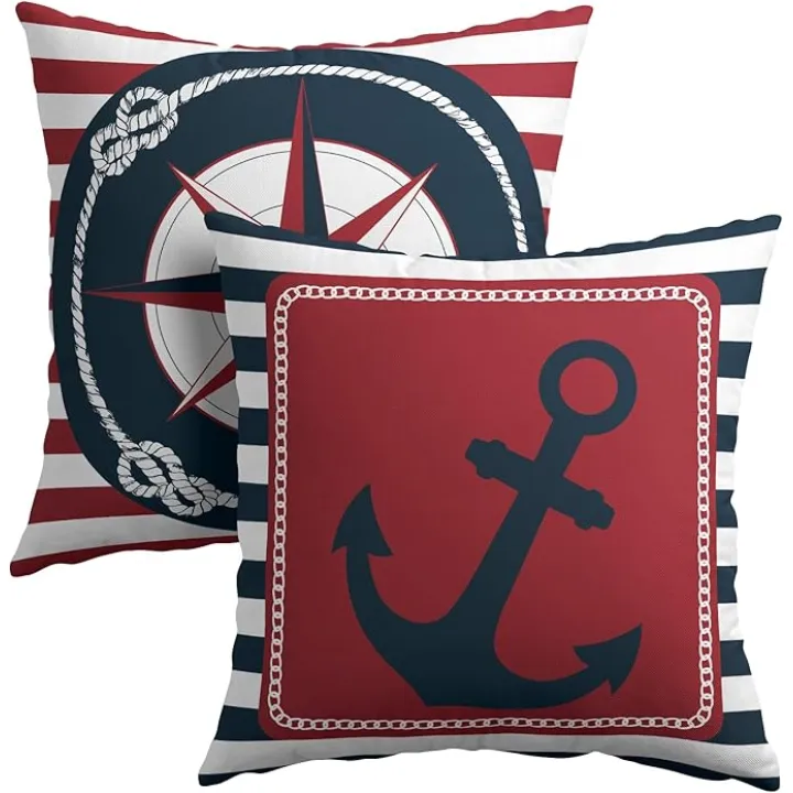 Anchor Compass Throw Pillow Cases Outdoor Nautical Pillow Covers Blue and White Stripes Decorative Cushion Cover 18x18 Inch Red and White Cotton Linen Pillowcases for Beach Coast Home Bedroom