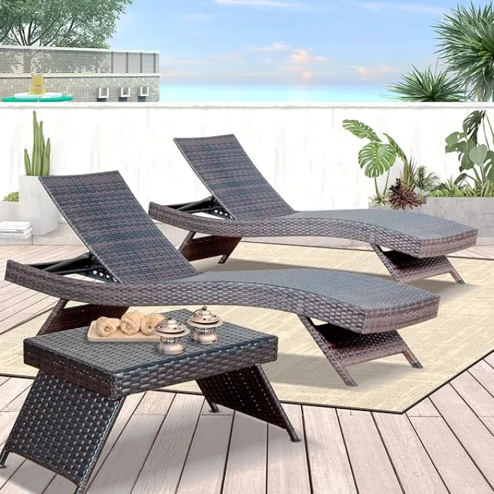 PE Rattan Adjustable Backrest Chaise Lounge Set 2 with 1 Side Table, Outdoor Pool Recliner Patio Chairs Lounge Chair Set 2 with 1 Coffee Table for Outside Beach Poolside Sunbathing