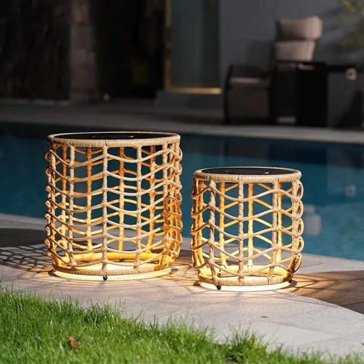 Solar Yard Boho Solar Nesting Tables with Built-in Lights - Set of 2, Weather-Resistant Wicker for Patio, Porch, Garden, Perfect Side Table for Outdoor Living, Natural & Stylish Design