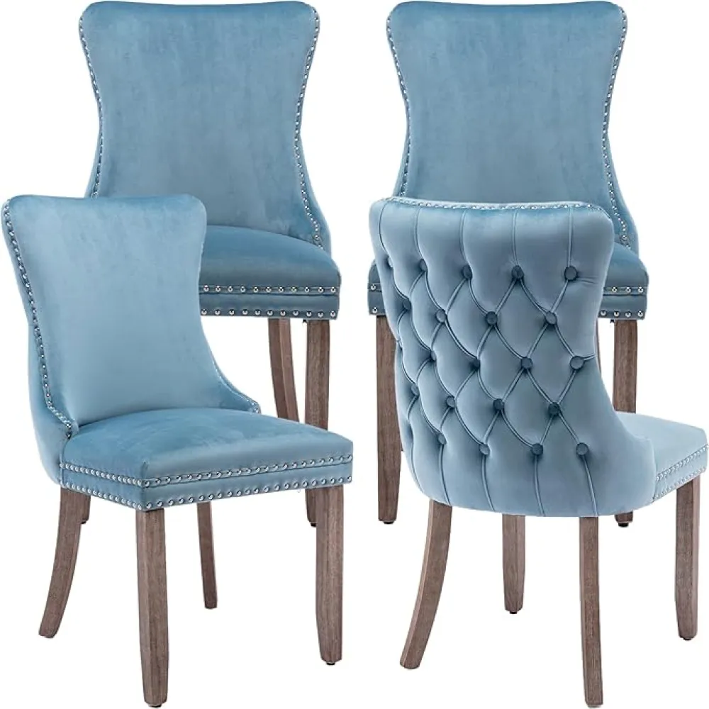 Blue Velvet Dining Chairs Set of 4, Kitchen & Dining Room Chairs Set of 4, Outer Backrest Tufted, Velvet Upholstered, Solid Wood Frame (Light Blue, 4 Pcs)