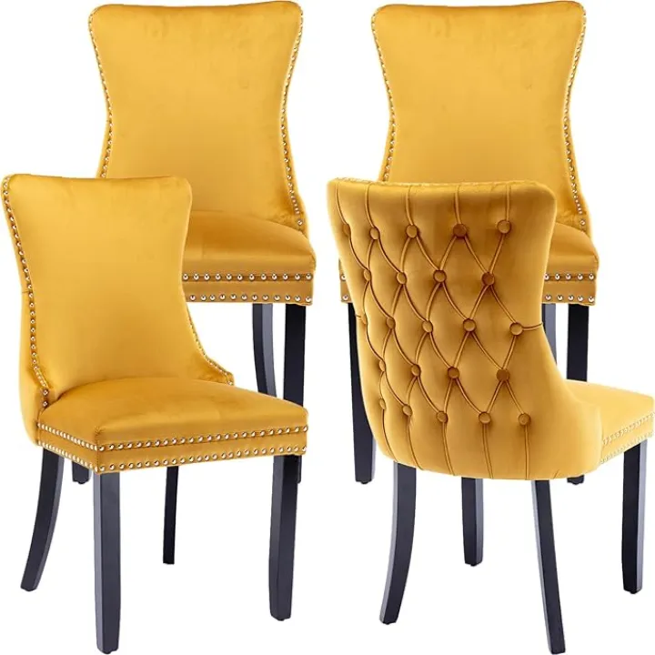 Gold Velvet Dining Chairs Set of 4, Kitchen & Dining Room Chairs Set of 4, Outer Backrest Tufted, Velvet Upholstered, Solid Wood Frame (Golden Yellow, 4 Pcs)