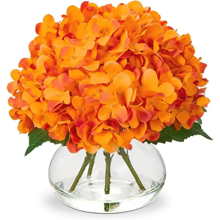 Hollyone Hydrangea Artificial Flowers in Vase Orange Silk Fake Flowers Arrangements with Glass Vase with Faux Water Faux Floral Bulk Bouquet for Office Table Centerpiece Shelf Home Decoration