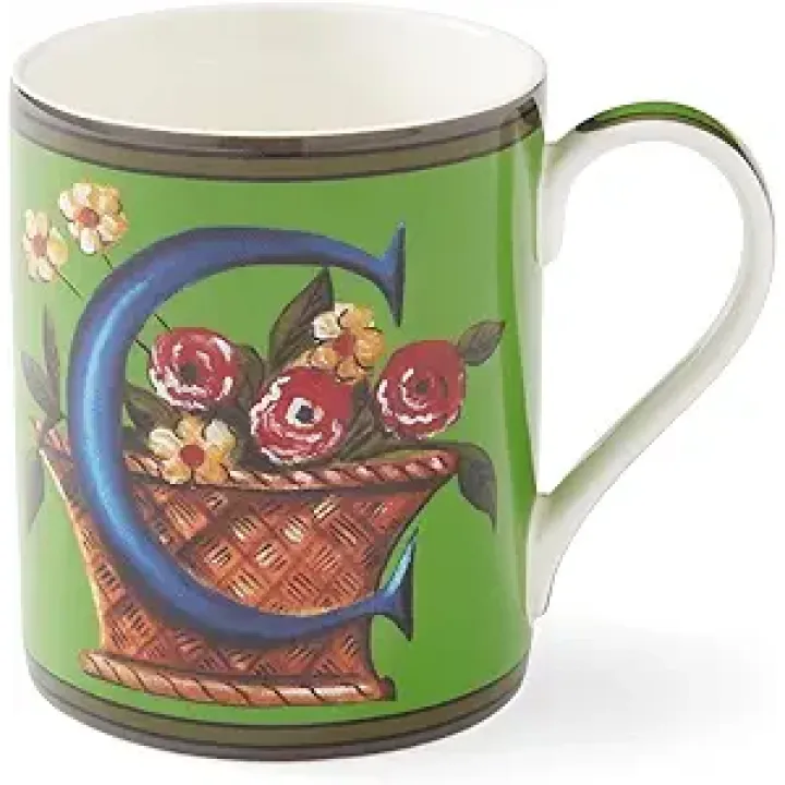 Spode Kit Kemp 12oz Alphabet Mug | Letter C- Unique Stylish Pattern | Fine China | Dishwasher Safe | For Coffee and Tea | Fabulous Gift | Home or Office Use