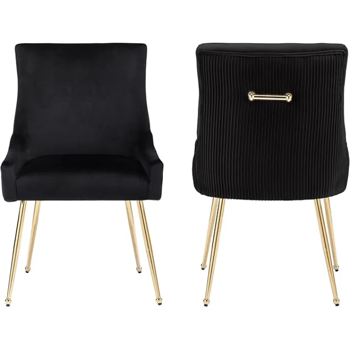 Modern Leisure Velvet Dining Chairs Set of 2, Upholstered Velvet Chair with Gold Metal Legs, Mid-Century Accent Chair with Pleated Back, Black