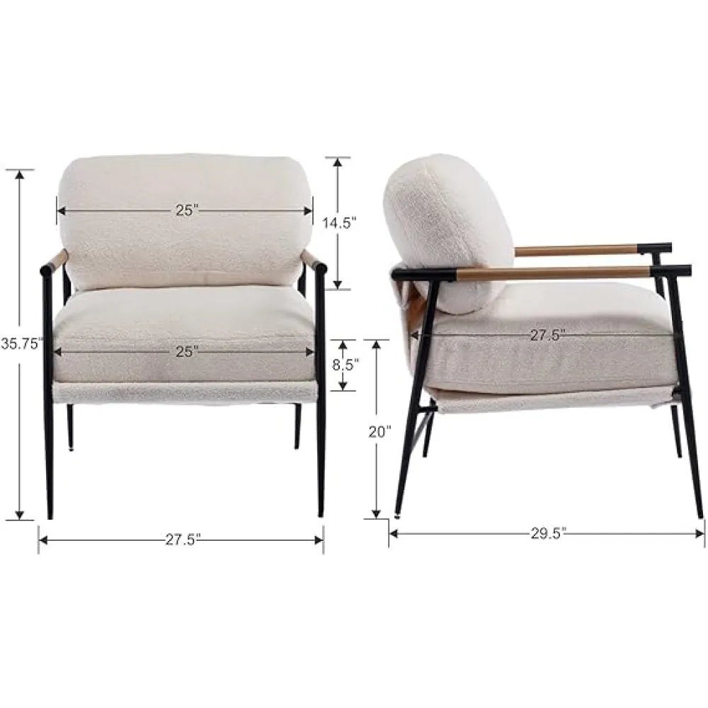 DUOMAY Mid-Century Modern Accent Chair, Comfy Sherpa Sofa Lounge Chair Reading Corner Chair for Living Room Bedroom Office, Mid-Back Arm Chair with Black Metal Leg, White