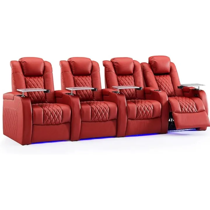 Home Theater Seating Top Grain Leather Recliner Chair Power Headrest and Recline Movie Seats Gaming Sofa with Tray Table Type-C USB Charge Cup Holders Row of 4 Red