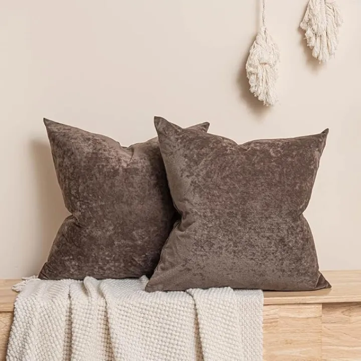 JUSPURBET Brown 16x16 inch Velvet Crushed Pillow Cover Set of 2 with Invisible Zipper,Decorative Soft Square Throw Pillow Covers for Couch Bed Sofa