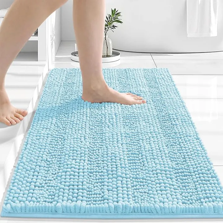 Grandaily Chenille Striped Bathroom Rugs 30x20, Extra Thick and Absorbent Bath Mats, Non-Slip Soft Plush Shaggy Shower Carpet, Machine Wash Dry, Bath Rug for Bathroom, (Medium, Blue)
