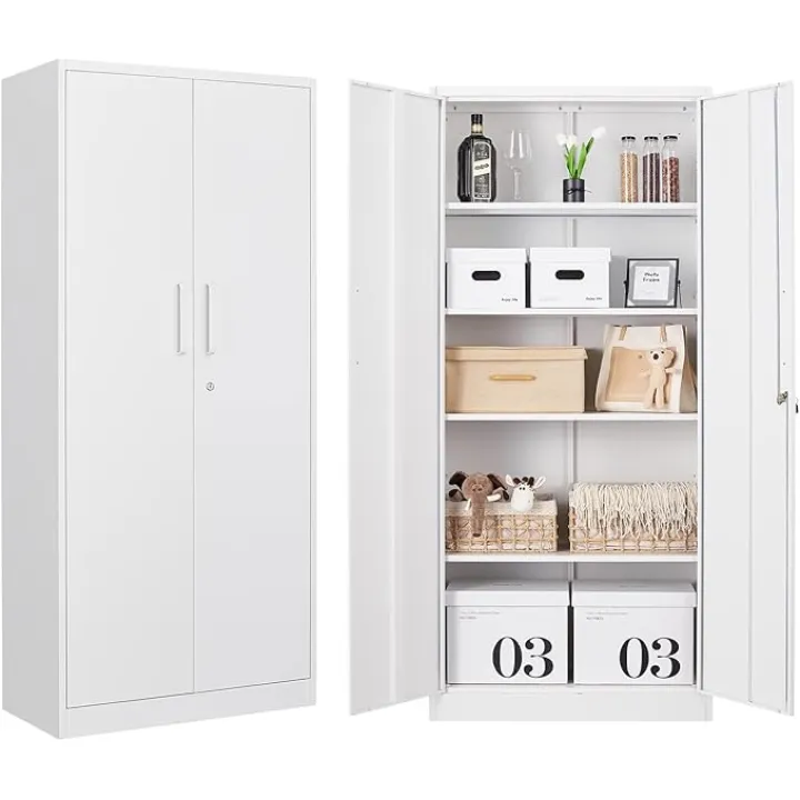 Metal Garage Storage Cabinet, 71" Locking Cabinet with 2 Doors and 5 Adjustable Shelves, White
