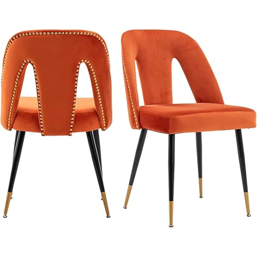 Aoowow Modern Dining Chairs Set of 2, Velvet Upholstered Side Chairs with Nailheads and Gold Tipped Black Metal Legs (Orange)