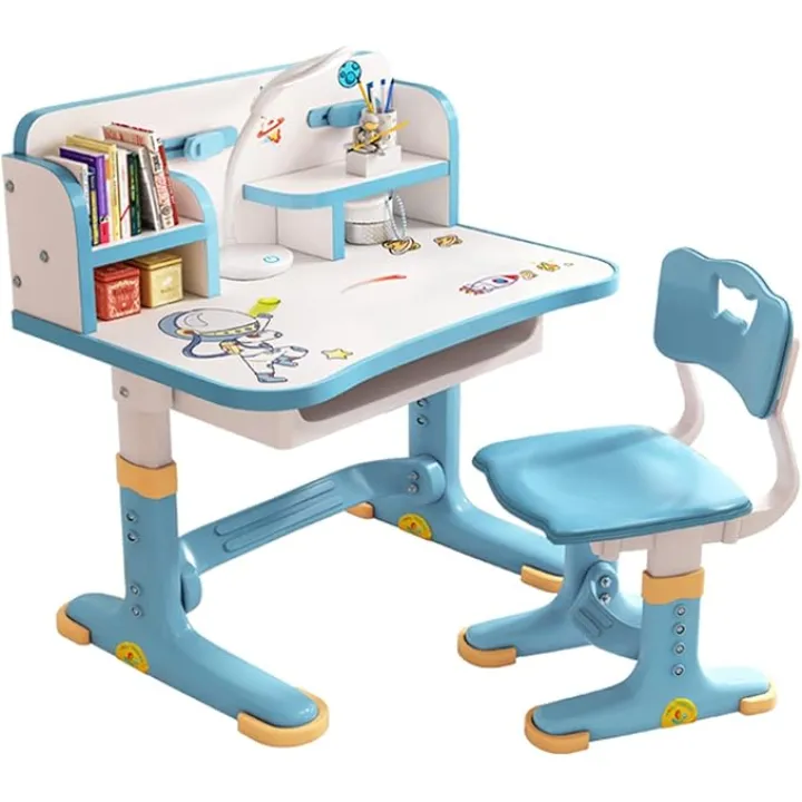 Small Desk, Standing Desk, Desk Chair Set, Widened Desktop Multi Separation Cartoon Pattern Desk Chair Set Kids Adjustable Height Study Table with Drawer Chair Set (Blue)