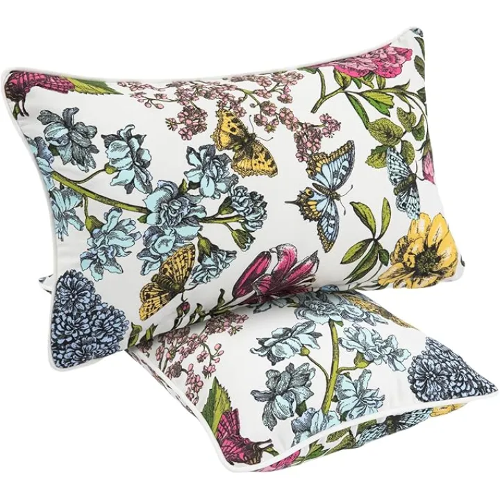 Waterproof Outdoor Lumbar Pillows for Patio Furniture,12x20 Inch Decorative Pillows Set of 2 with Insert,Hidden Zipper Headrests for Sofa Couch Chair(Butterfly Flower)
