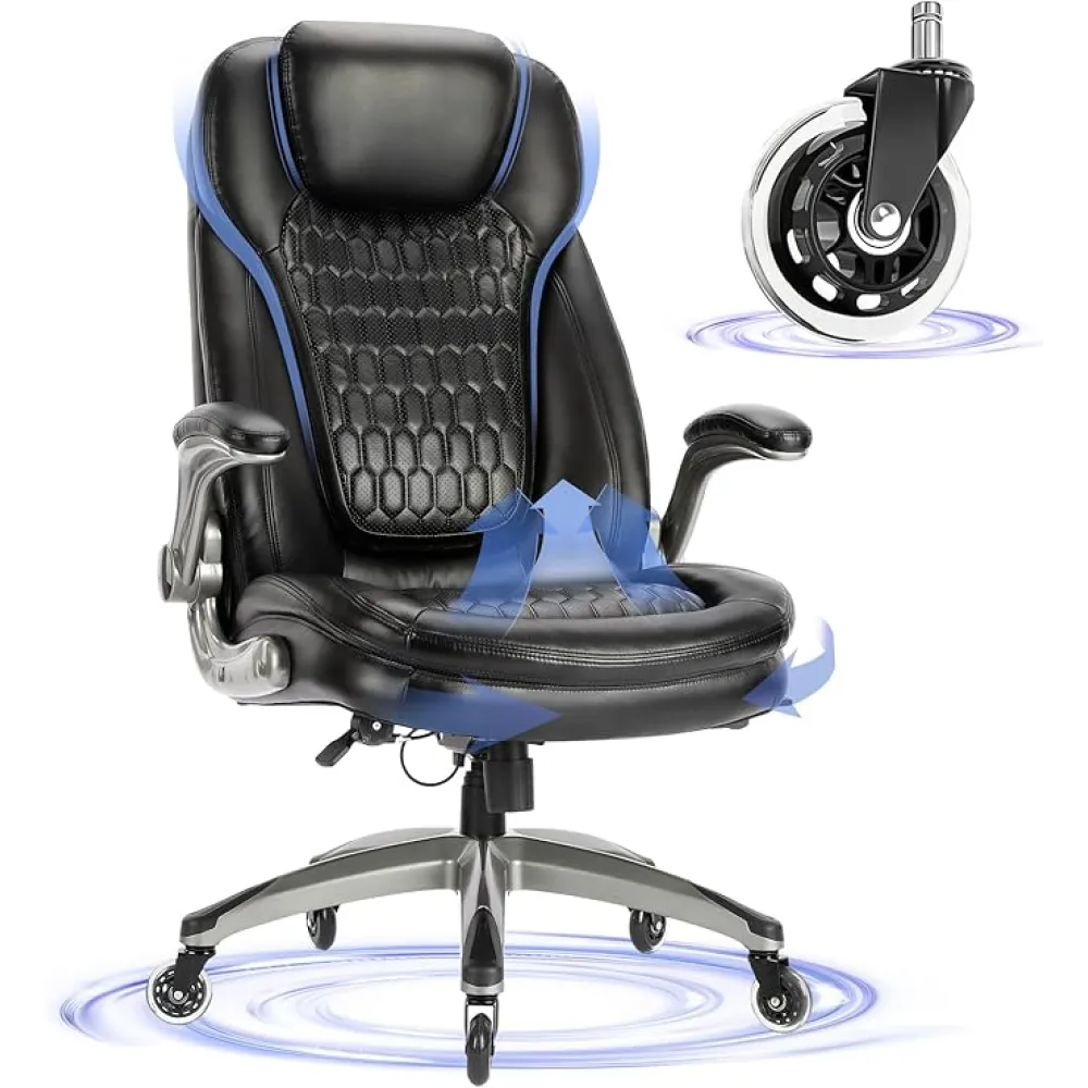 Executive Office Chair-Ergonomic Computer Desk Chair, High Back Leather Chair with Padded Flip-up Arms, Swivel Home Office Chair Upgraded Caster-Black