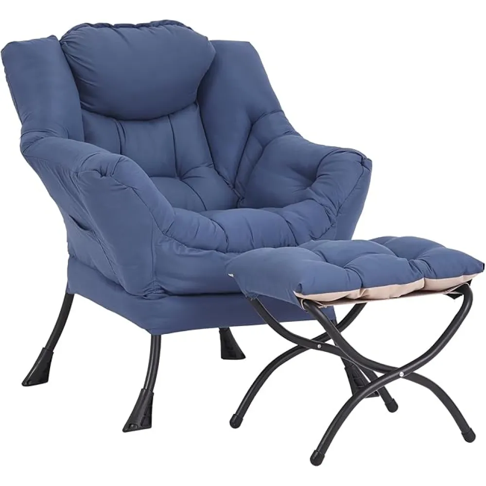Lazy Chair and Ottoman, Large Accent Lounge Chair with Armrests and a Side Pocket, Modern Leisure Upholstered Sofa Reading Armchair with Footrest for Bedroom, Living Room, Dorm Rooms, Office
